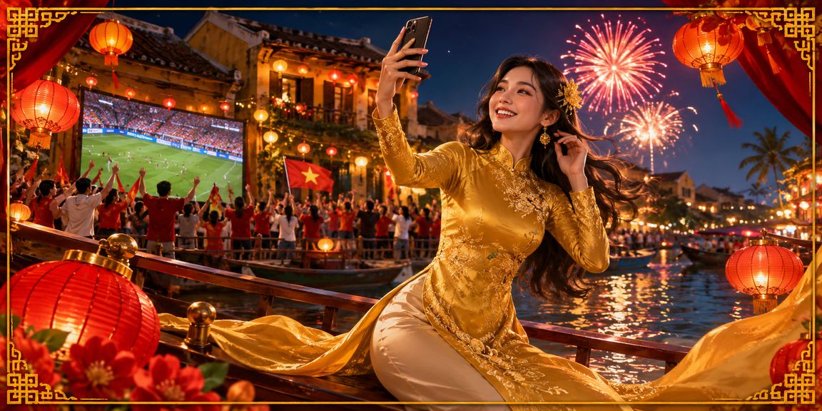 Người phụ nữ mặc áo dài chơi casino trên điện thoại tại Hội An